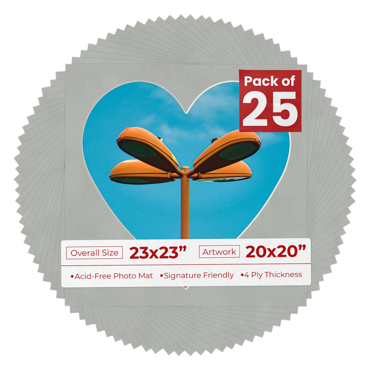 Light Grey Suede Mat Board for 23x23 Frames - Heart Opening for 20x20 Photos